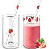 Tessco for you 2 Sets Strawberry Cups Nana Strawberry Glass Cup with Straw Glass Tumbler Drinking Cherry Clear Tumbler Berry Pattern Glasses Bottle for Juice Water Milk Coffee Tea(Cute)
