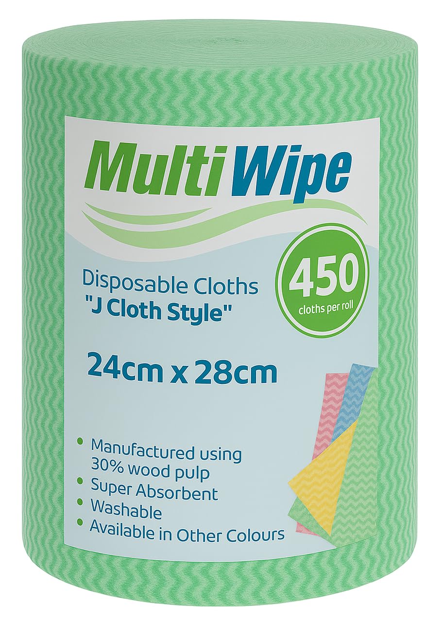 MultiWipe 1 x 450 Green J Cloth Style Cleaning Cloths On A Roll | Made With 30% Wood Pulp | 24cm x 28cm Perforated Cloths | £0.059p per cloth