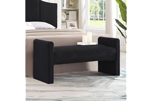 24KF Modern Boucle Teddy Lovely Bench, Upholstered Bed Bench Entryway Bench Ottoman with Armrest -Black