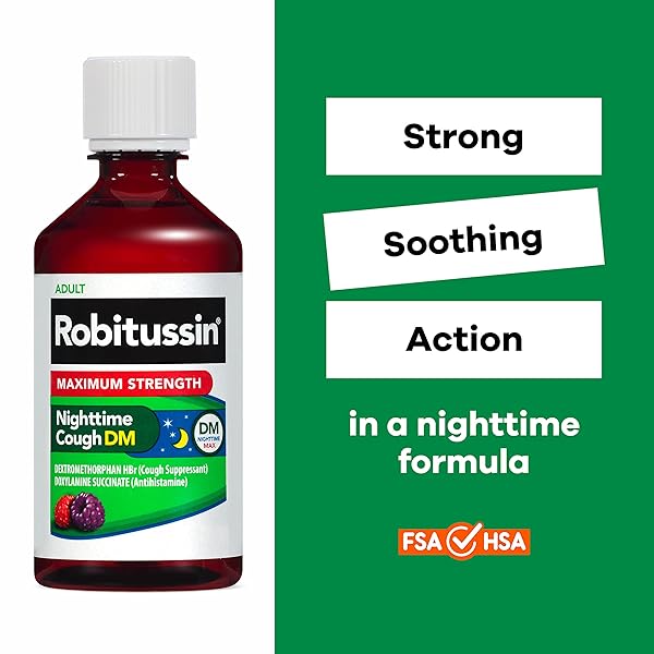 ROBITUSSIN MAXIMUM STRENGTH NIGHTTIME COUGH DM MAX, ADULT FORMULA, BERRY FLAVOR – 8 FL OZ BOTTLE