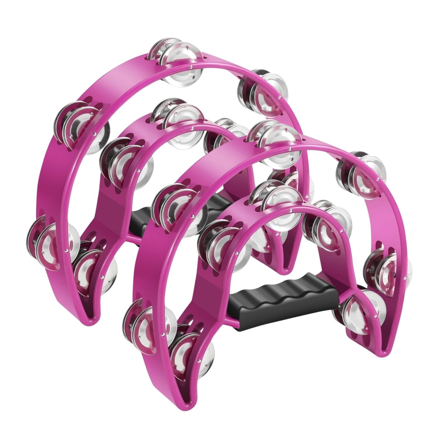Flexzion Tambourine Metal Half Moon Musical Instruments Double Row Metal Jingles Hand Held Instruments Percussion with Ergonomic Handle Grip, Tambourines for Adults, 2 Packs - Pink