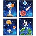 XUN Starry Outer Space Art Print-Galaxy Planets Astronauts Space Themed Canvas Wall Art(8"x10"x4pcs ，Unframed)-Perfect for Kids Boy Bedroom Decoration