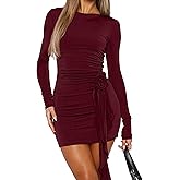 GOKATOSAU Women's Long Sleeve Crew Neck Bodycon Ruched 3D Flower Decor Mini Party Dress