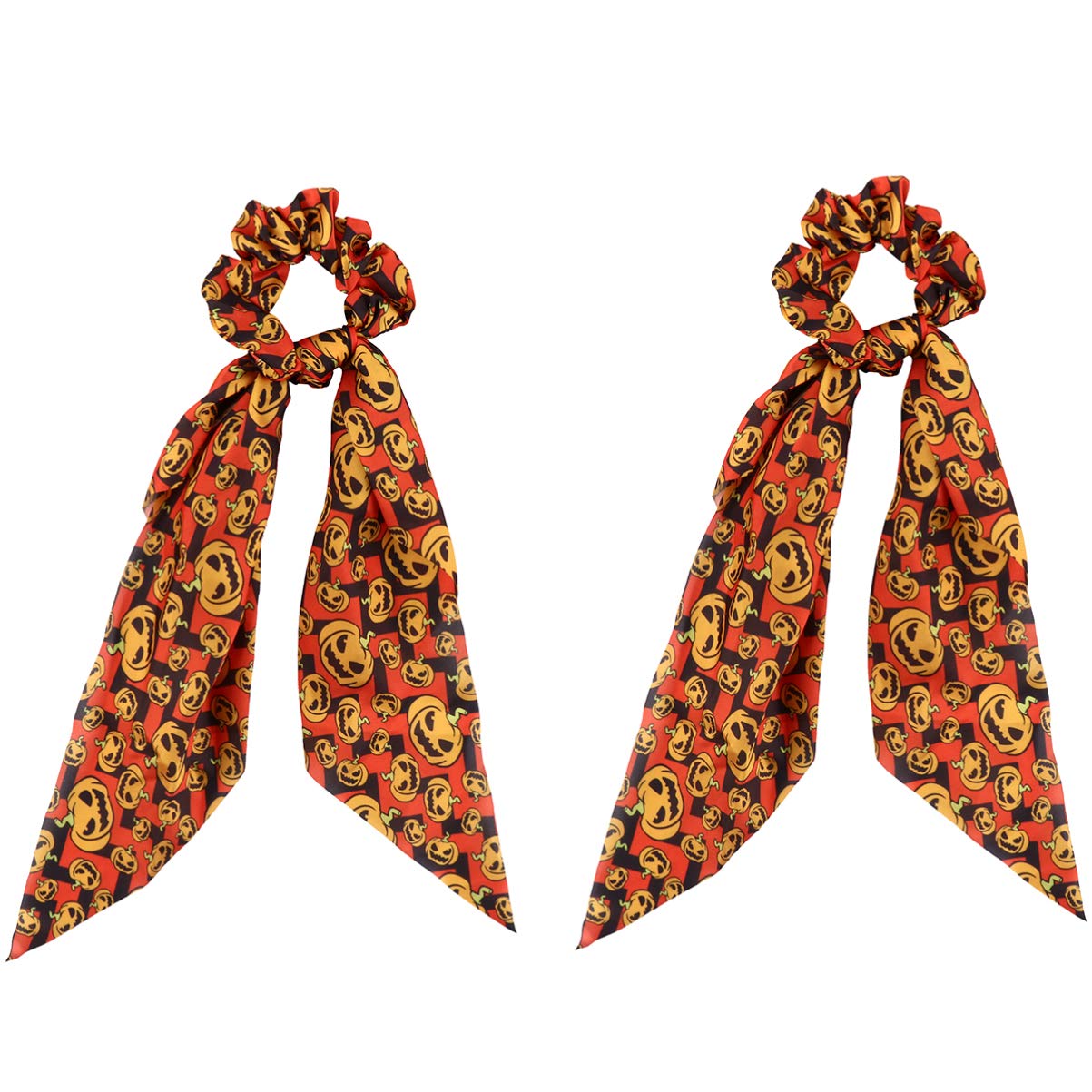 FRCOLOR 2Pcs Halloween Scrunchies for Hair, Pumpkin Hair Scarf Scrunchies with Ribbon Bow Elastic Hair Ties Ponytail Holder for Women