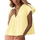 MISSACTIVER Women’s Smocked Short Sleeve Blouse Tops V Neck Ruched Pleated Babydoll Loose Fit Flowy Summer Tunic Shirts
