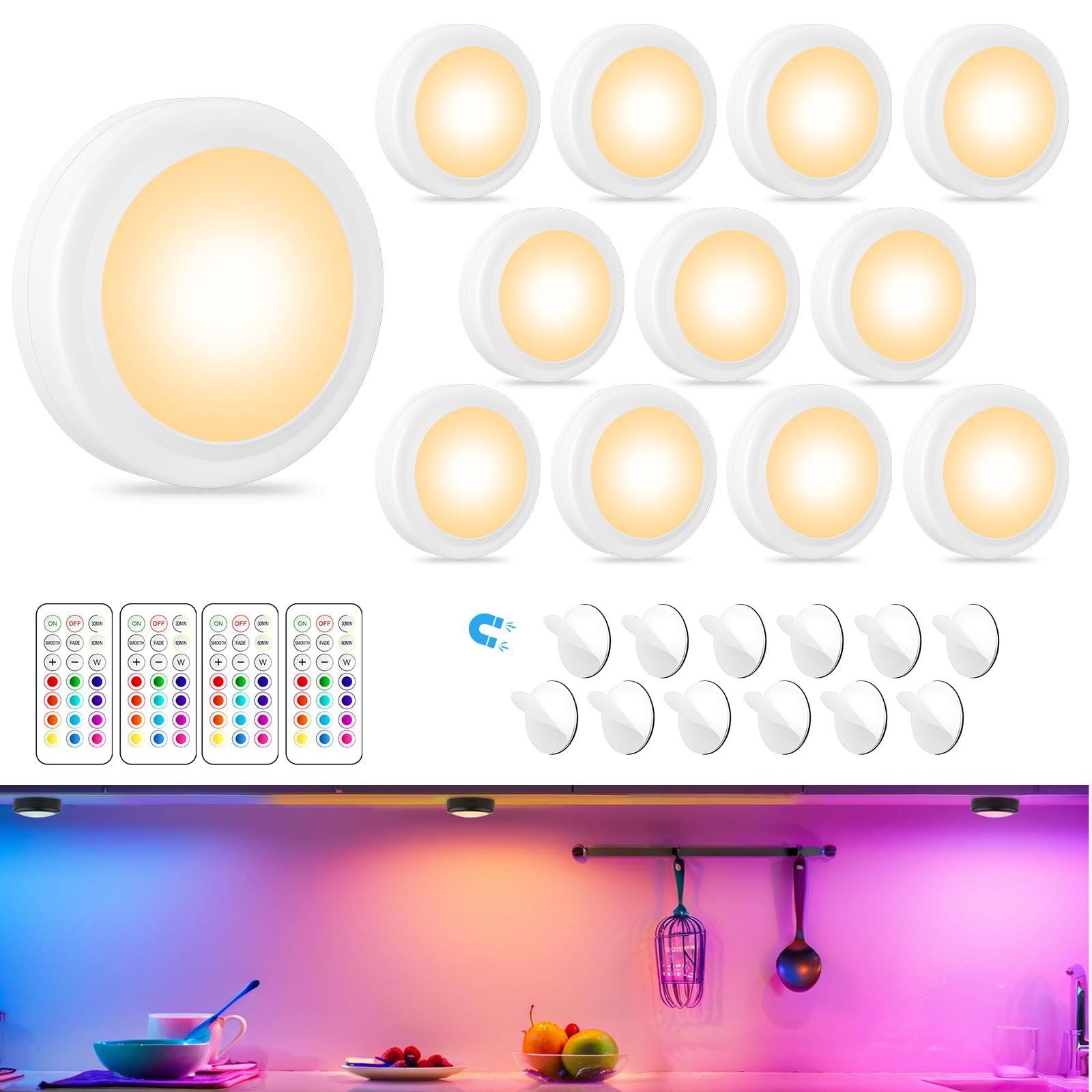 Photo 1 of Aokpsrt Magnetic Puck Lights with Remote Control, 3AA Battery Operated, 13 Colors, Dimmable & Timer, Under Cabinet LED Lights for Kitchen, White 3 Pack