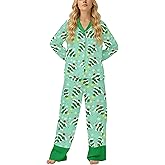 Women Silk Satin Christmas Pajamas Set Santa Bow Long Sleeve Button Down Shirt Wide Leg Pants Cute 2 Piece Set