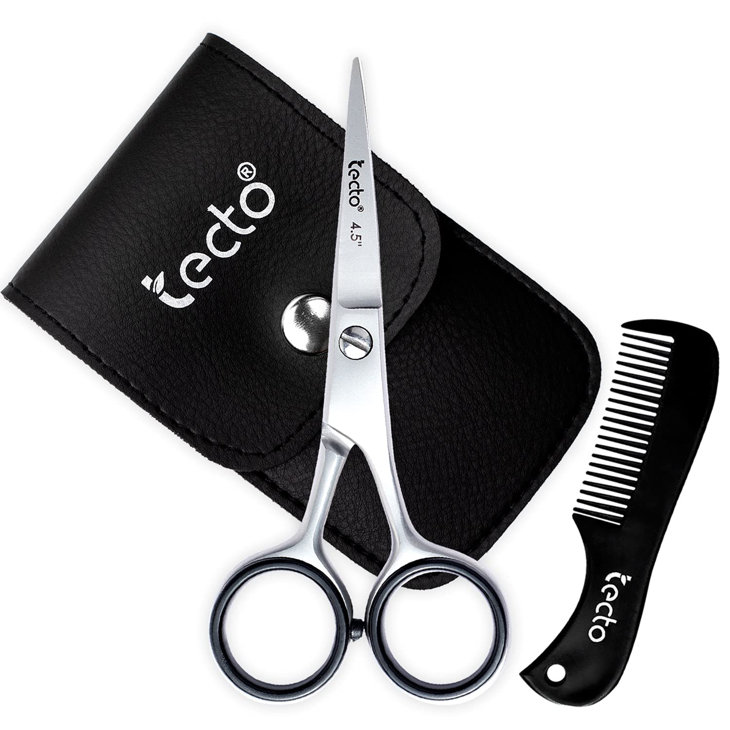 Tecto 4.5" Beard & Moustache Scissors with Comb & Pouch, Stainless Steel Eyebrow & Facial Hair Grooming Kit for Men