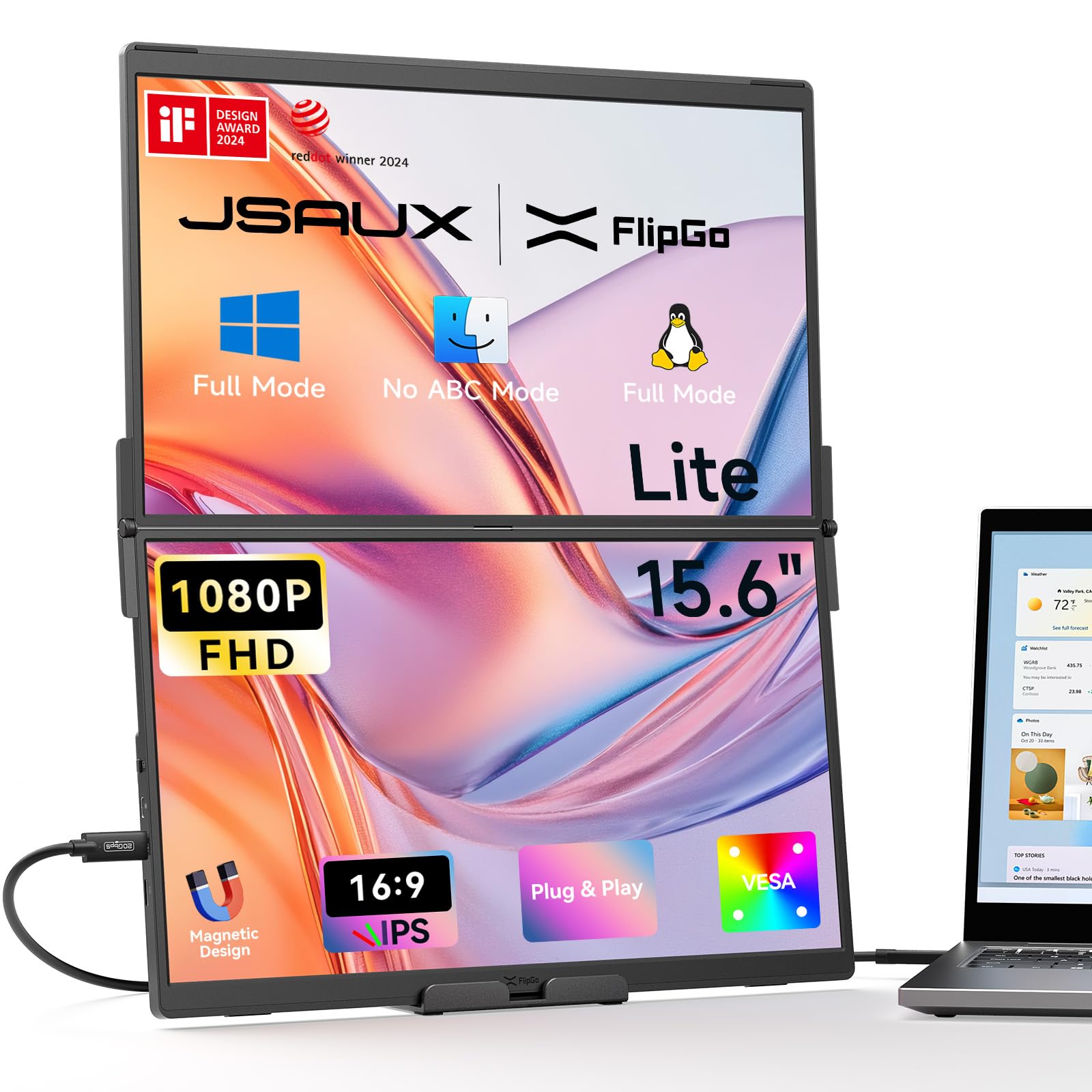 Photo 1 of JSAUX FlipGo Lite 15.6" Portable Dual Stacked Monitor, 1080P FHD IPS Laptop Screen Extender One Cable for Triple Monitor Setup (For Windows&Linux) with Magnetic Design, Built-in Hub,No Driver Required