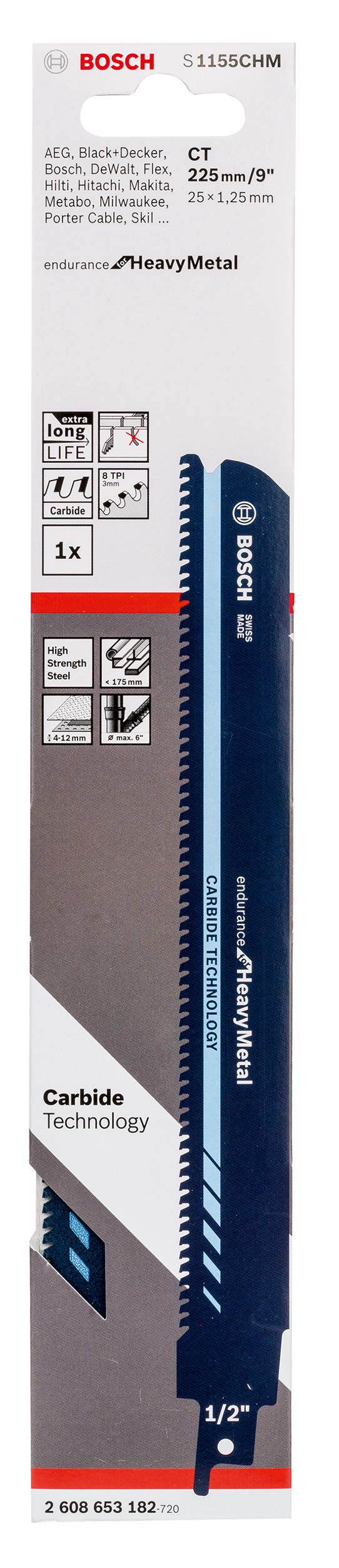 Bosch Professional 2608653182 Reciprocating Saw Blade S 1155 CHM Endurance for Heavy Metal (for metal, 225 x 25 x 1.25 mm, accessories for reciprocating saws) , Black