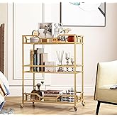 LORMITER Square Gold Bar Carts with 3 Tier Storage Glass Shelves Holder Home Serving Bar Carts on Wheels for Kitchen, Bar, Di