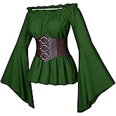Womens Renaissance Victorian Peasant Ruffle Smocked Waist Boho Pirate Shirt Blouse with Belt Set