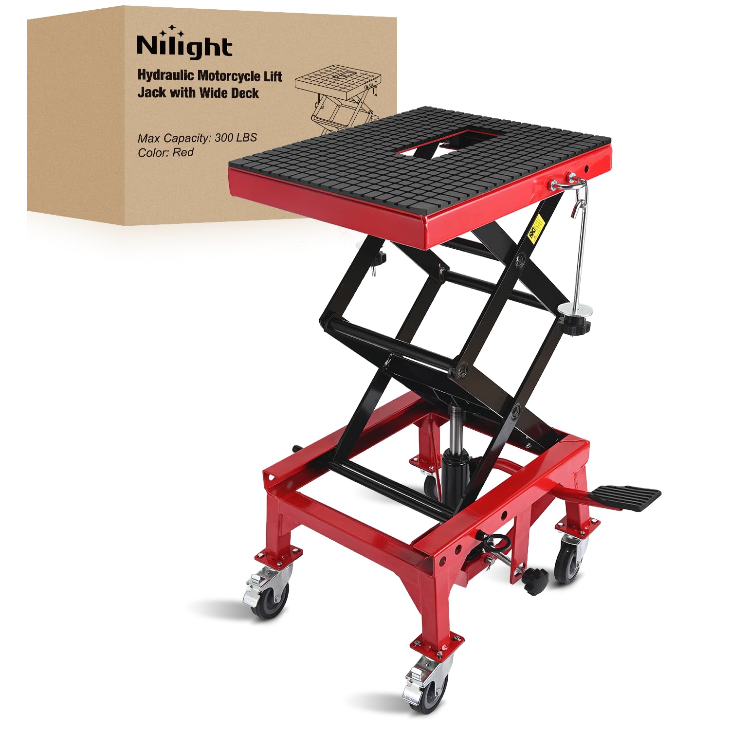 Photo 1 of Nilight Motorcycle Lift Table Jack 300 LBS Heavy Duty Hydraulic Motorcycle Scissor Jack Lifts Table Foot Pedal with 4 Caster Wheels Wide Deck for Motorbike Dirt Bike ATV Garage Repair Tool, Red