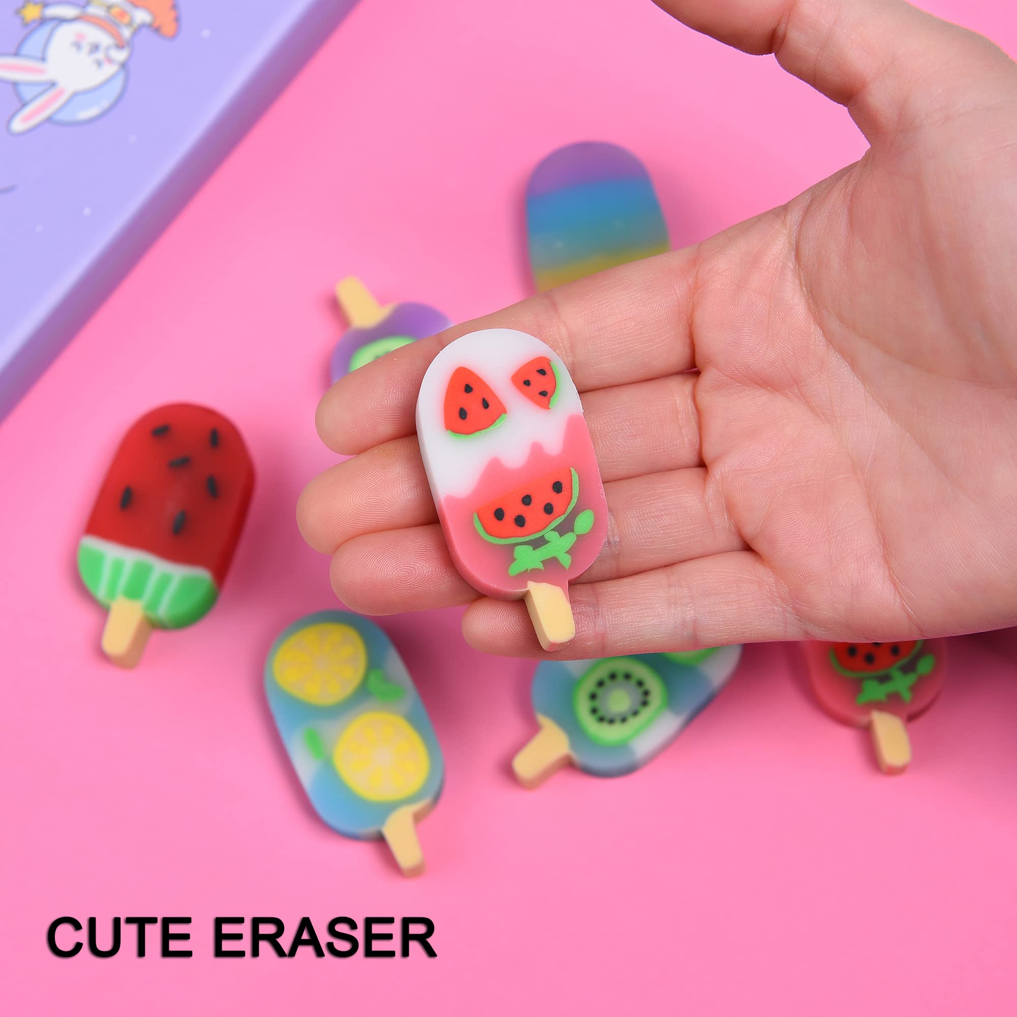 DOMG 16 Pcs Cute Fruit Shaped Ice Cream Erasers for Kids - Fun Food Erasers for Classroom Rewards & Party Favors
