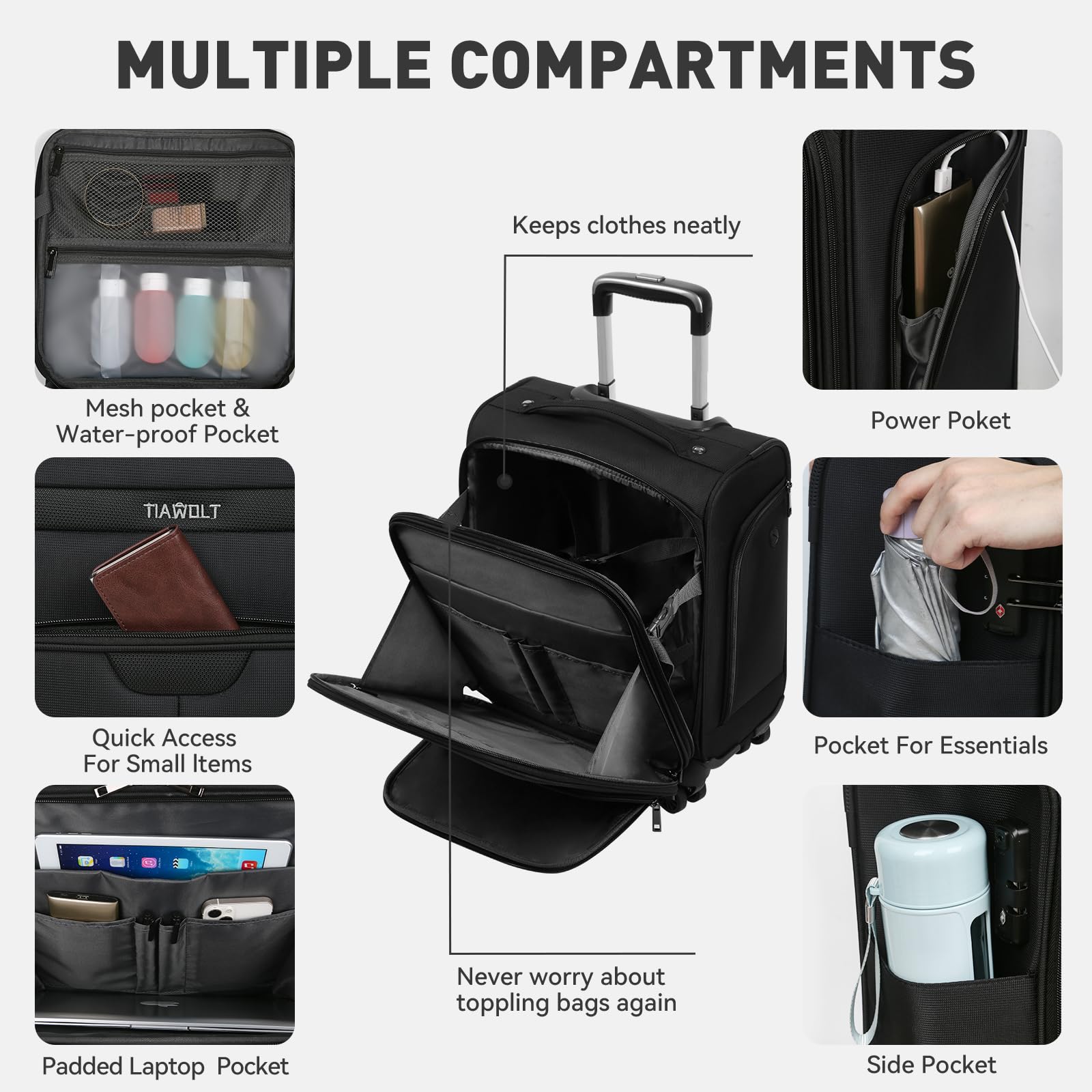 TIAWOLT 16 Inch Underseat Carry on Luggage With Wheels Soft side Lightweight Business Travel Small Suitcases Bag with TSA lock for Airlines,Men Women, Pilots Crew,Black