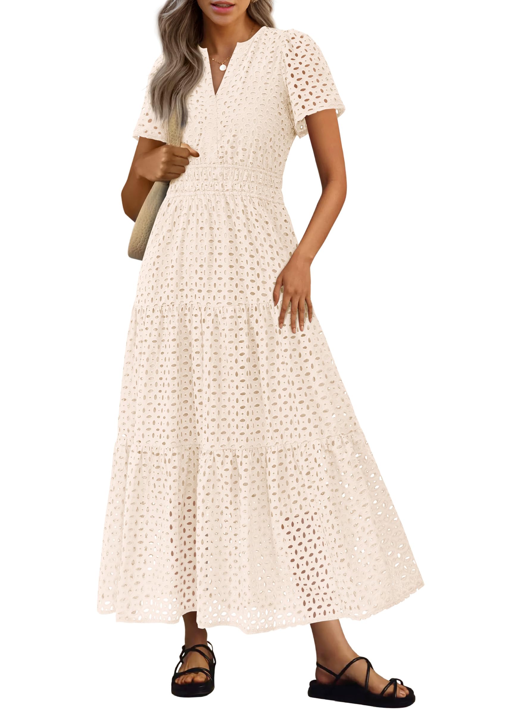 Photo 1 of PRETTYGARDEN Womens 2025 Summer Maxi Dress Short Sleeve V Neck Hollow Out Eyelet A Line Long Flowy Beach Vacation Dresses (Beige,X-Small)