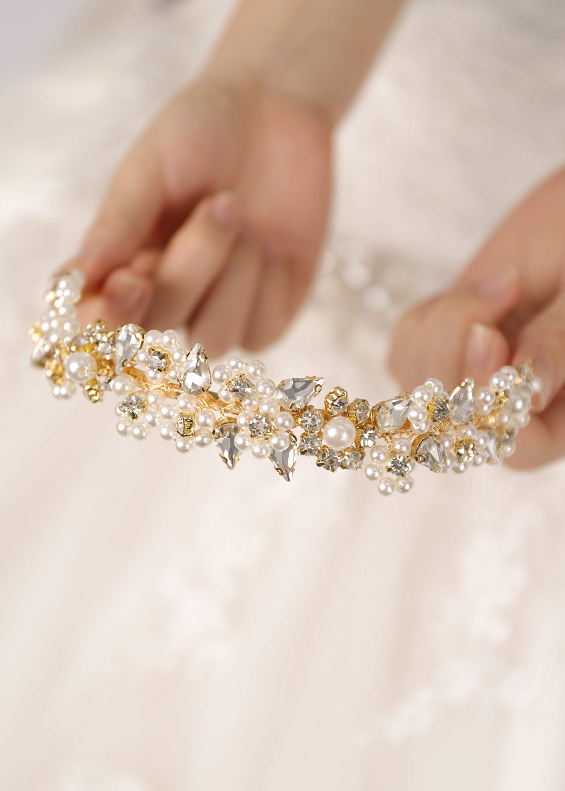 Kercisbeauty Crystal Pearl Queen Gold Crown Wedding Bridal Headband Tiara Rhinestones Prom Evening Party Women Headpiece