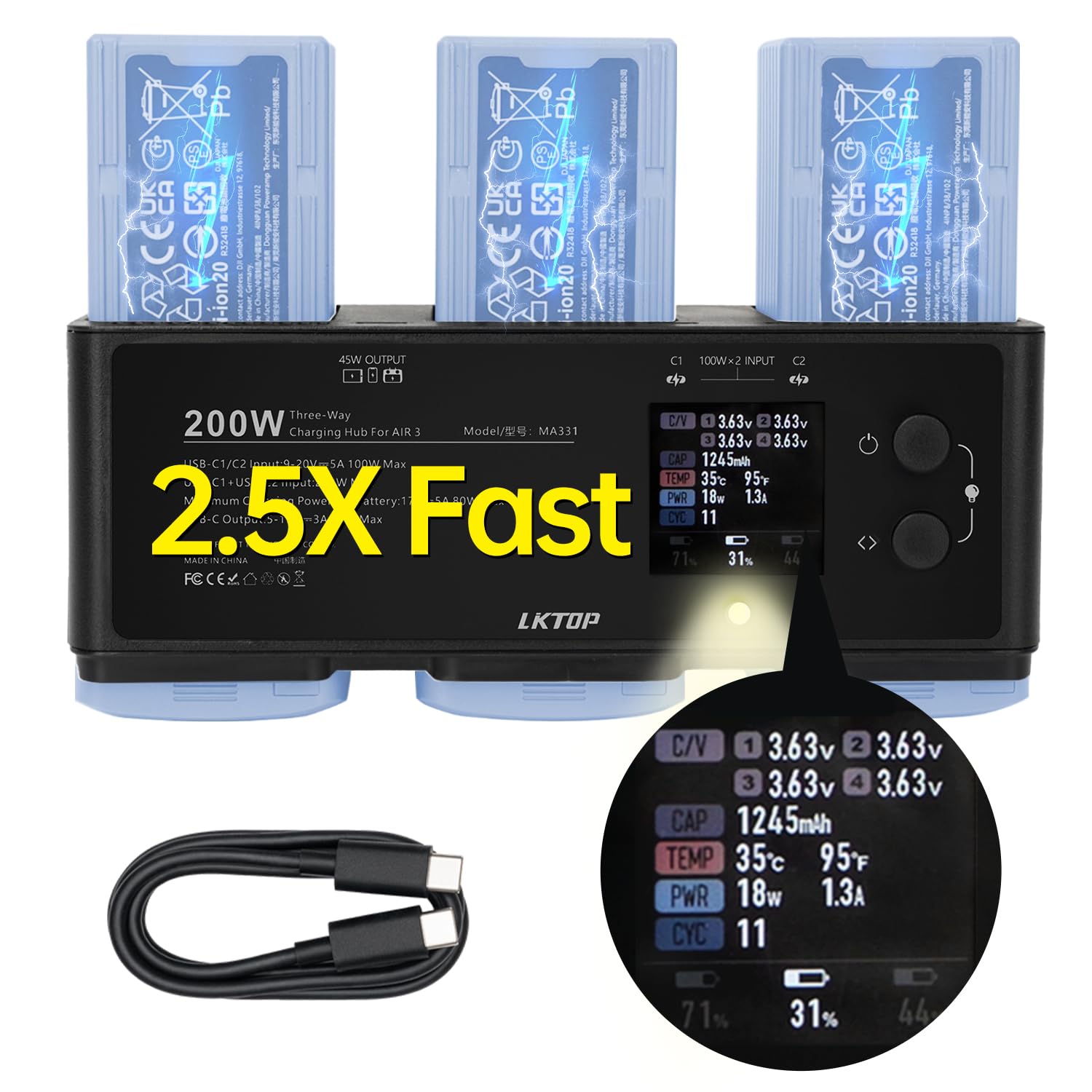 LKTOP 200W Air 3/3S Series Battery Charging Hub for DJI Air 3 Series Drone, Parallel USB-C Battery Charger with Merge & Balance/Fast Charging/Storage/Output/LED/Alarm Mode, LCD Display and APP Control