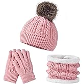 Kids Winter Hat Scarf Gloves Set - Thermal Fleece Lined Beanie with Pompoms, Soft Mittens & Neck Warmer for Boys Girls 1-12