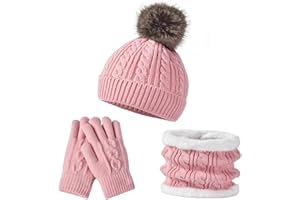 FENELY Kids Winter Hat Scarf Gloves Set - Thermal Fleece Lined Beanie with Pompoms, Soft Mittens & Neck Warmer for Boys Girls 1-12