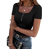 Zeagoo Womens Summer Tops Short Sleeve Shirts Ribbed Knit Square Neck Tshirt Casual Basic Slim Tee
