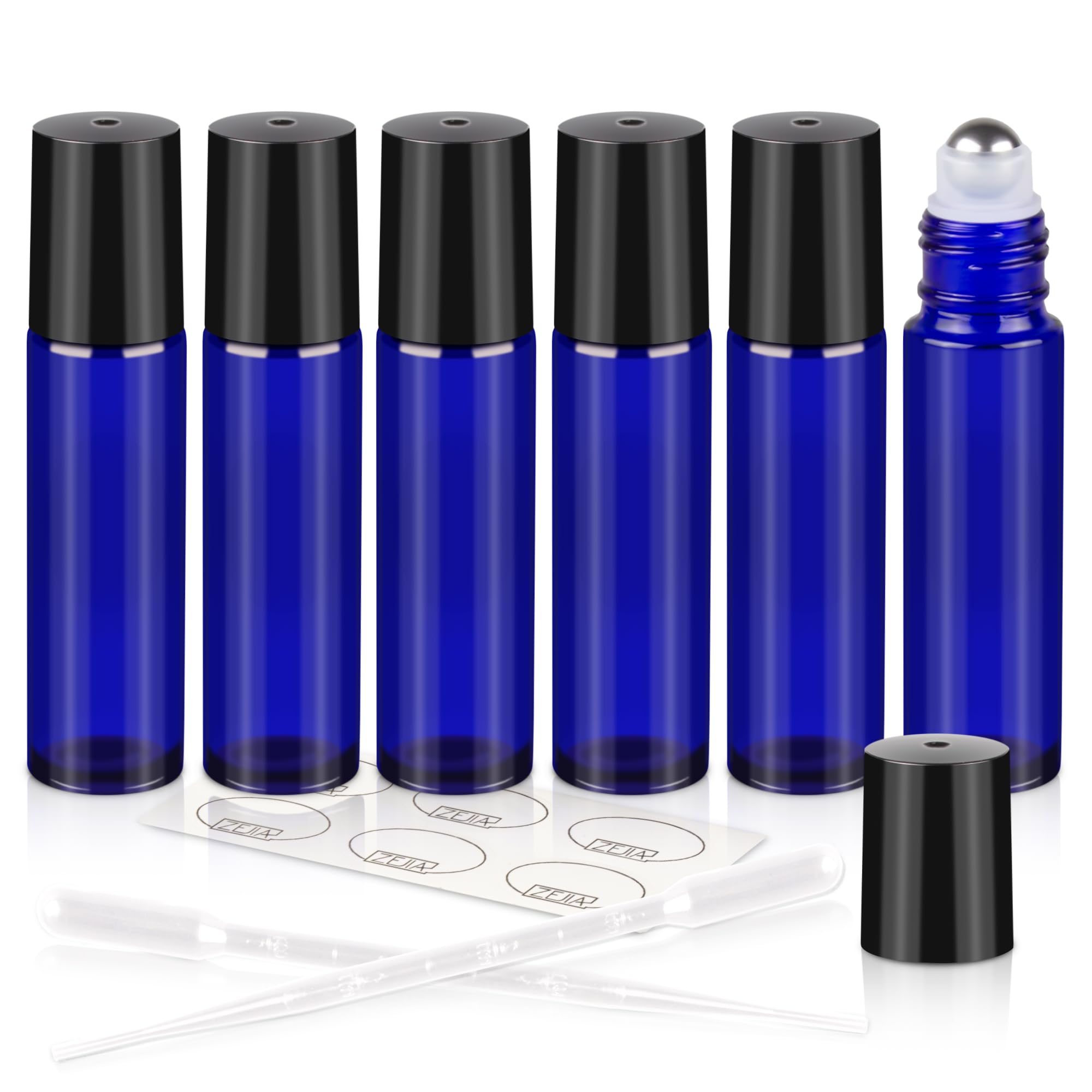 ZEJIA 10ml Roller Bottles 6Pack Cobalt Blue Thick Glass Essential Oil Bottles with Stainless Steel Roller Ball and 2 Droppers
