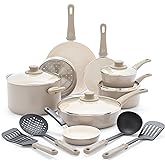 GreenLife 16 Piece Nonstick Cookware Set, Soft Grip Non-Toxic PFAS-Free Ceramic Pots & Pans, Dishwasher & Oven Safe, Frying, Sauce, Saute, Utensils, Glass Lids, Stay-Cool Handles, Wobble Free, Taupe