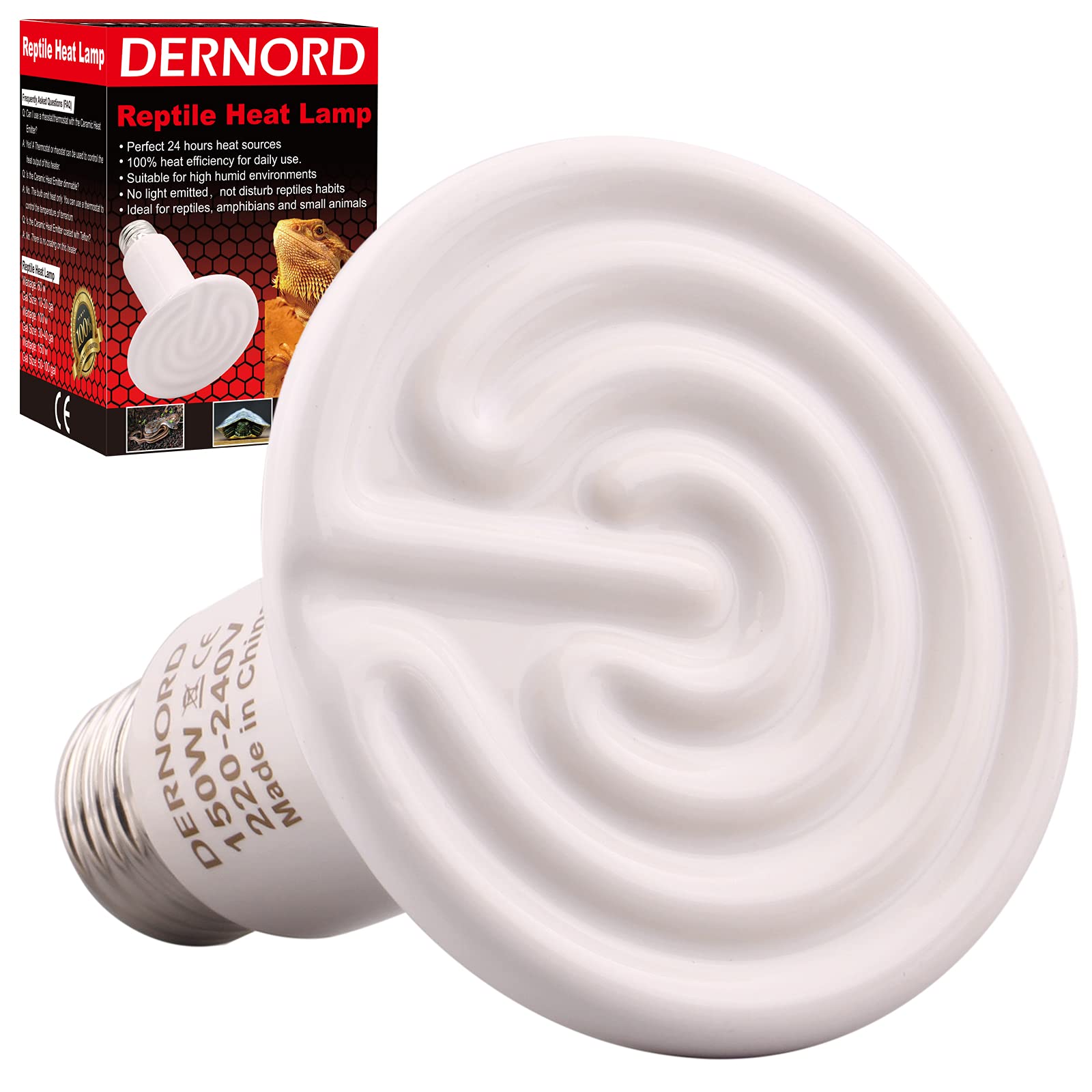 DERNORD Ceramic Heat Emitter 150W - E27 Vivarium Ceramic Heat Lamp Light Bulb for Reptile Bearded Dragon Lizard Snake Outside Tortoise Brooder White