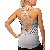 icyzone Built in Bra Workout Tank Tops for Women - Open Back Strappy Athletic Yoga Tops Exercise Running Gym Shirts