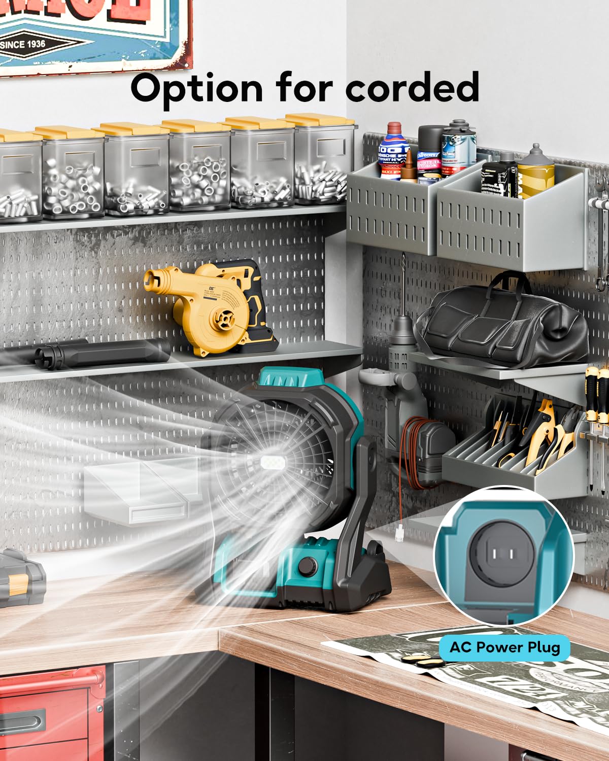 DeForce Battery Operated Fan, for Makita 18V Battery, Camping Fan Cordless, Option for Corded, with LED Lights, Variable Speed, Hook for Hanging, for Jobsite, Blue(Bare Tool Only)