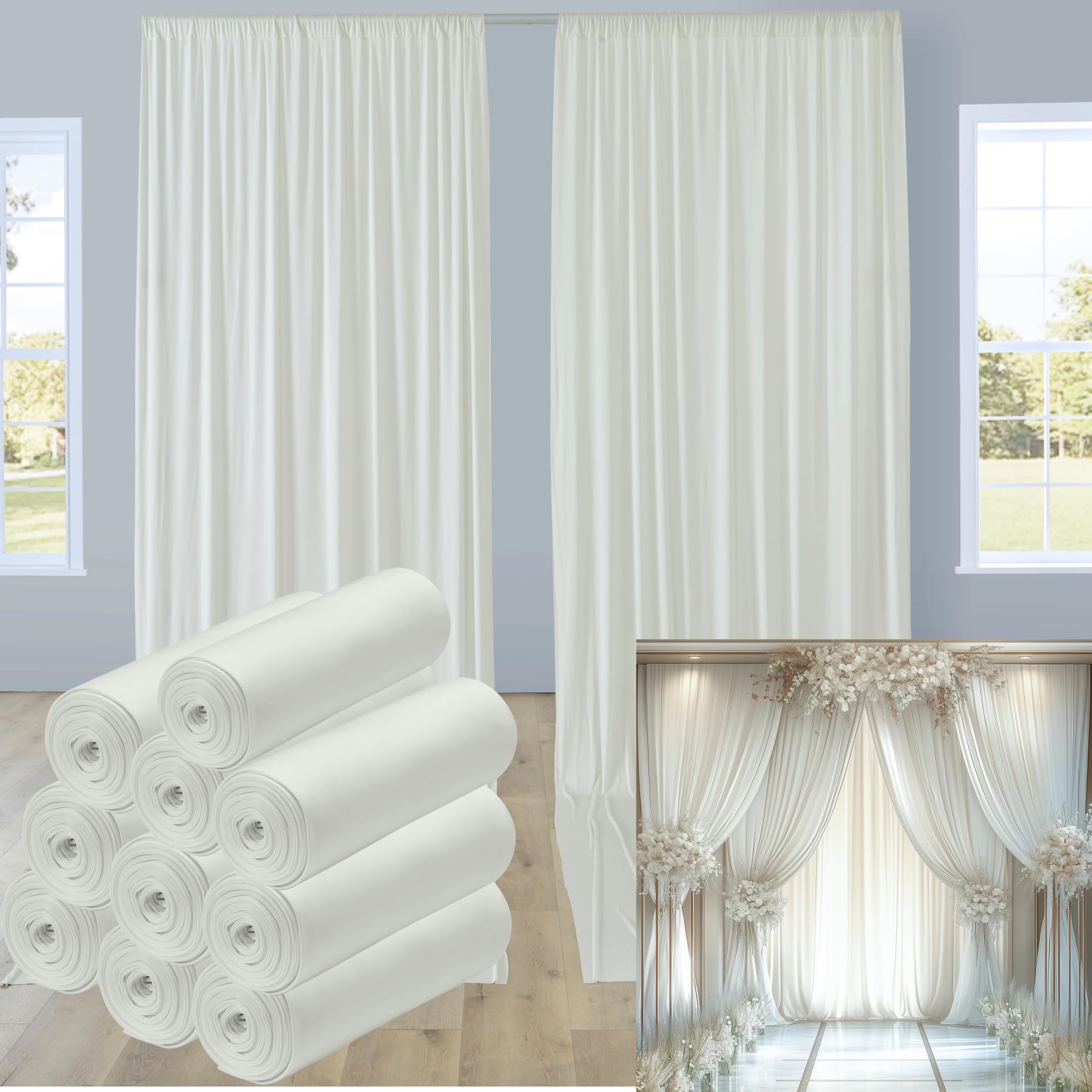 Photo 1 of leegleri 50ftx12ft Wrinkle Free Ivory Backdrop Curtain, 10 Panels 12FT Height Ivory Wedding Backdrop Drapes, Silky Polyester Back Drop Cloth for Birthday Photography Background Party Backdrop Draping
