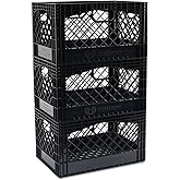 HORSESHOE STORAGE Stackable Milk Crates, 3 Pack, Kitchen Work Commercial Garage Totes, 24 Quart, Heavy Duty Plastic, Black, 19" L x 13" W 11" H