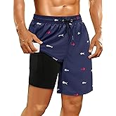 Mens Swim Trunks with Compression Liner Mens Bathing Suit 7 Inch Inseam Quick Dry Mens Board Shorts Men's Swimwear Men