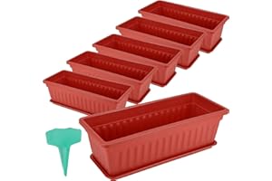 JOIKIT 6 Packs 17 Inches Red Plastic Flower Window Boxes with Trays, Rectangular Vegetable Windowsill Box Pot with 30 Plant Labels, Countryside Flower Railing Long Planter for Garden Patio Balcony