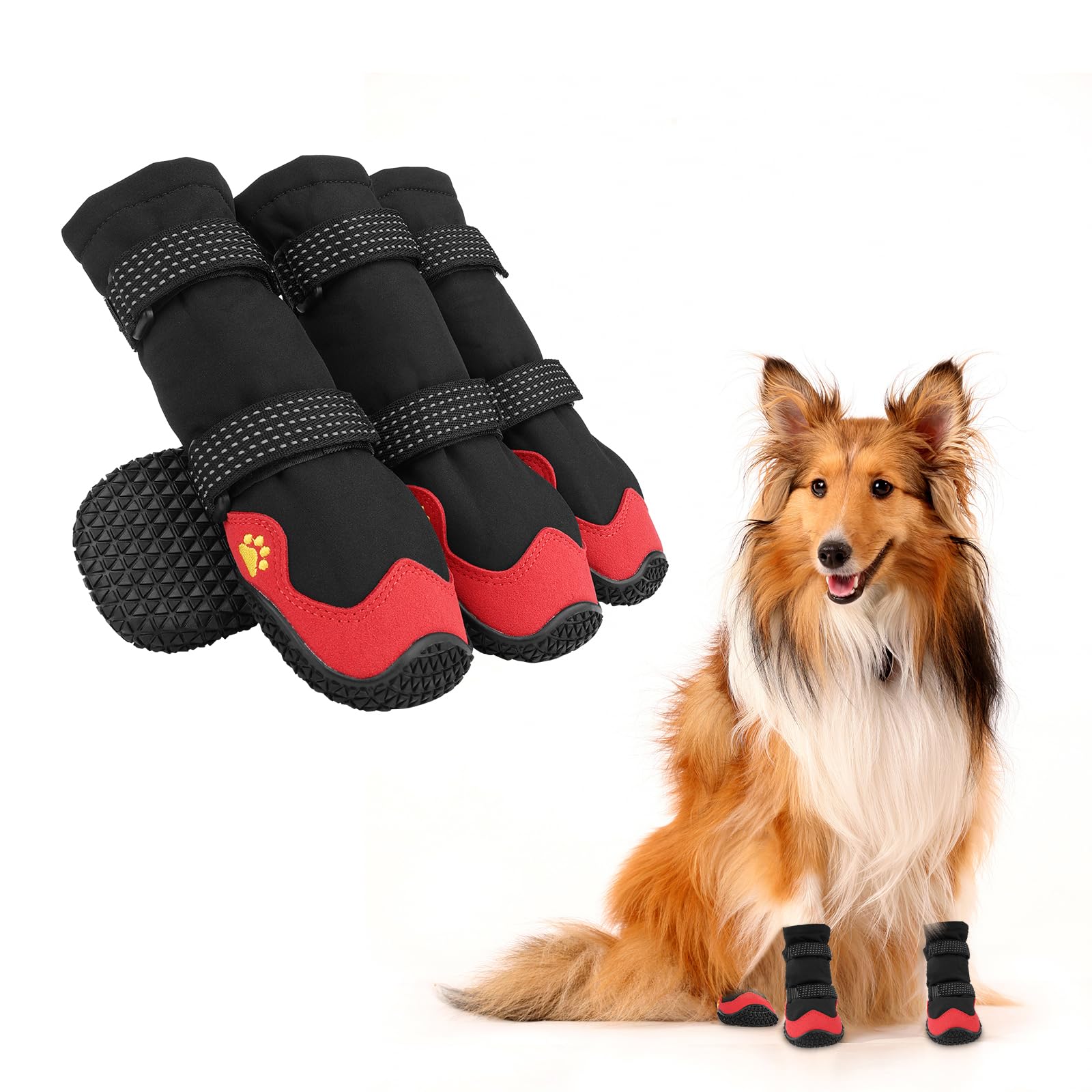 kaxay Dog Boots for Injured Paws, 4Pcs Boots Paw Protectors for Dogs, Waterproof Dog Shoes with Reflective Straps, High Dog Boots Anti-slip Rubber Sole for Medium Large Dogs for Rainy (Black&Red, 6#)