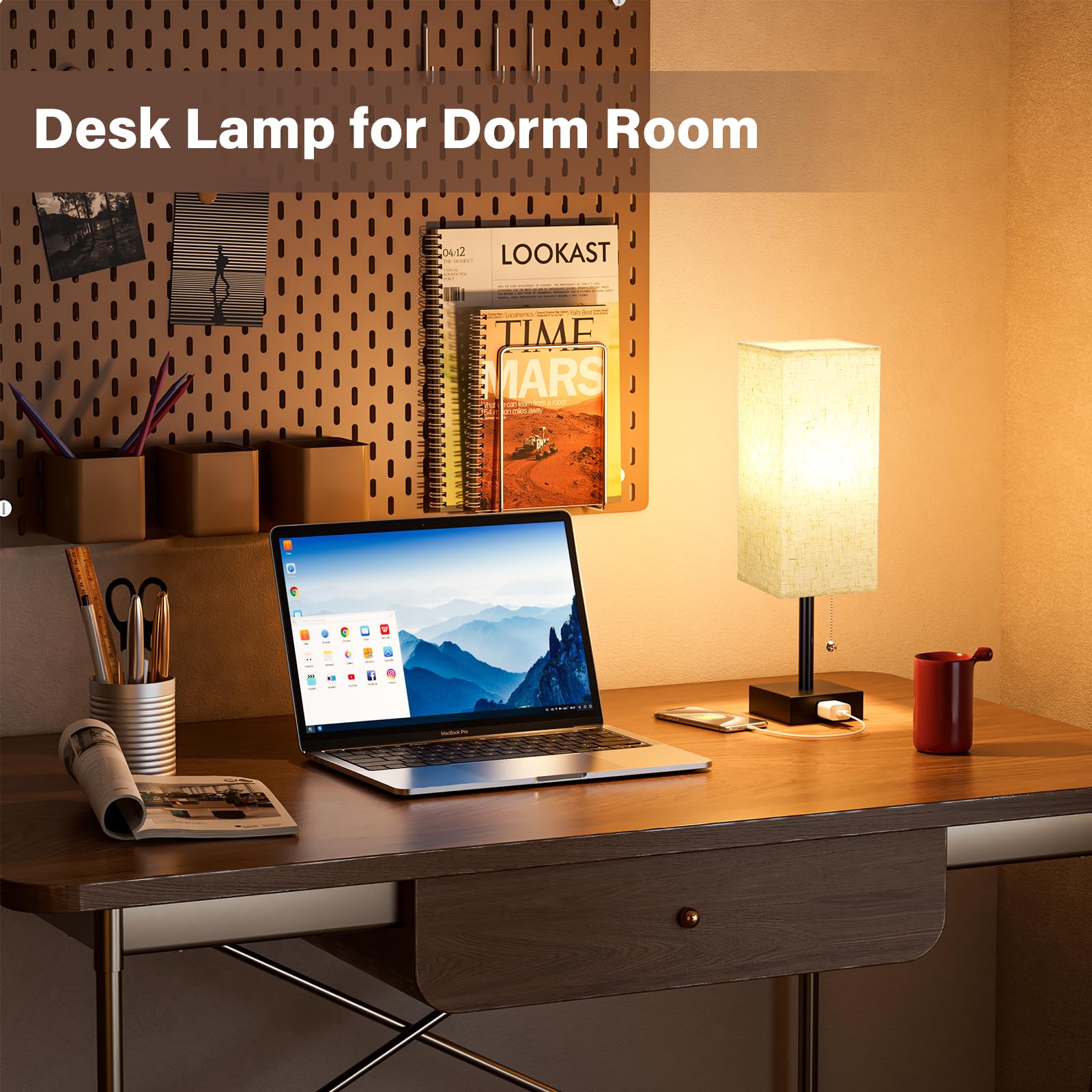 Bedside Table Lamps for Bedroom Set of 2 - Small Rectangular Nightstand Lamp with AC Outlet Charging Port, 3 Color Temperatures Desk Light with Bulb, Tabletop Reading Lamp for Living Room/Dorm/Office