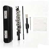 C Key Piccolo Flute, 2-Piece Black Piccolo with Shockproof Hard Case &amp; Cleaning Kit, Bright Clear Tone, Detachable, Full Maintenance Kit for Beginners &amp; Band Practice(Black)