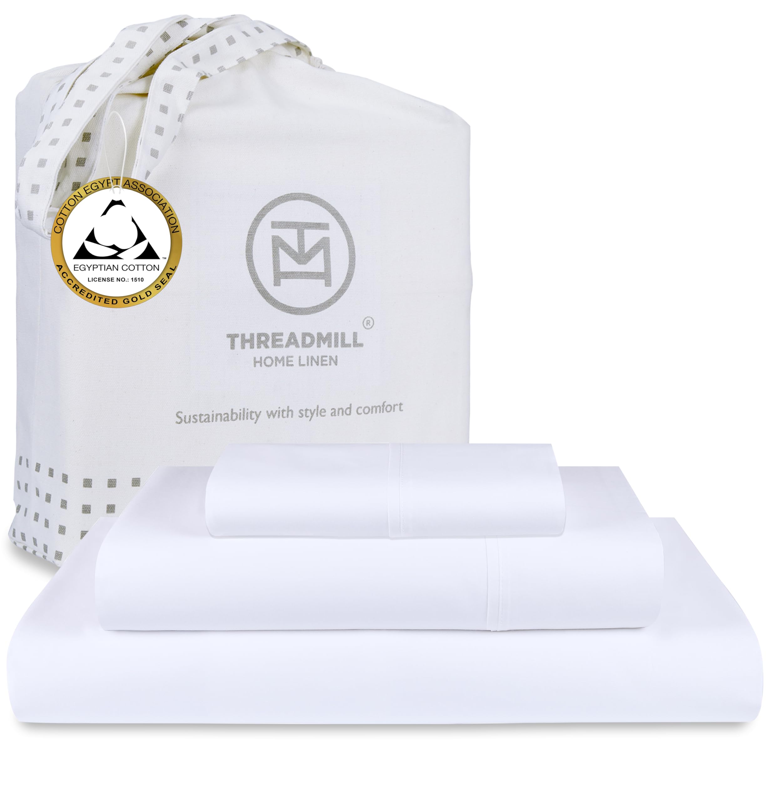 Photo 1 of Threadmill Egyptian Cotton Twin XL Sheet Set | 100% Certified Egyptian Cotton Sheets for Twin XL Size Bed | Sateen Twin XL Bed Sheets Set Deep Pocket | Soft Hotel 3-Piece Cooling Sheet Set | White