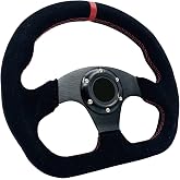 Spaorcco 13"/325mm D-Shaped Racing Steering Wheel Suede Leather Red Stripe | 6-Bolt Universal Pattern Flat Bottom Steering Wheel with Red Stitch For Polaris RZR, UTV, SXS, Simulators