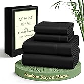 MR&HM King Size Sheets Set, 4-Piece Cooling Sheets, Rayon Derived from Bamboo & Polyester Blend, Soft & Silky, 15" Deep Pockets with Elastic Straps, Hotel Luxury for Hot Sleepers, Black
