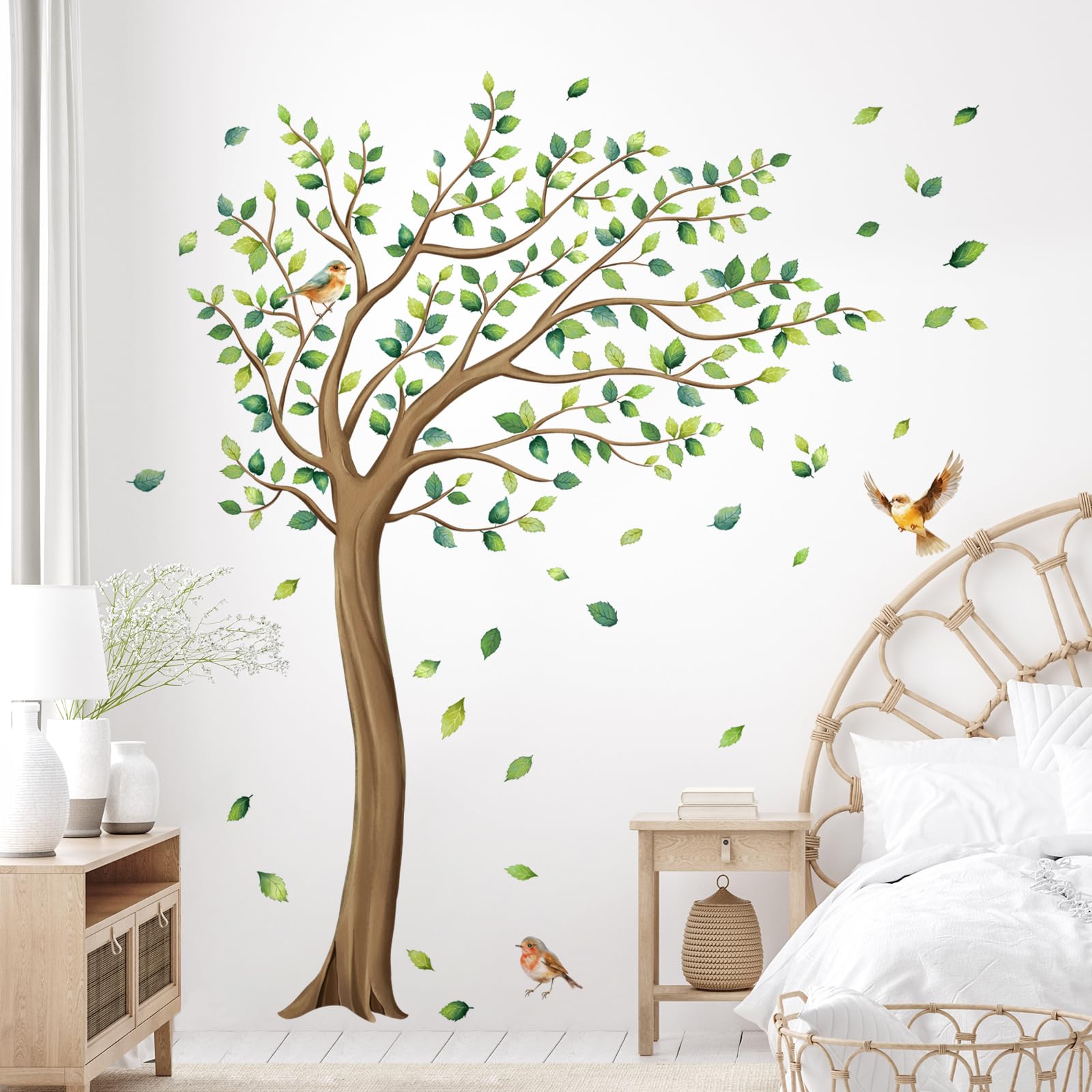 Tanlaby Large Tree Wall Stickers Green Leaves Birds Wall Decals Peel and Stick Falling Leaf Art Decor for Kids Girls Nursery Room Bedroom Living Room Kindergarten (H: 163CM)