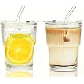 Haundry 14 oz Ribbed Glass cups with Lids and Straws, 2 Pack Iced Coffee Cups, Thickened Glassware Set, Ripple Design Glass Cups for Coffee, Soda, Smoothies, Cocktails and Juice