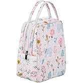 Large Quilted Fabric Cotton Reusable Inusulated Lunch Tote Bag Cooler Snack Bag Women Pretty Thermal Lunch box Storage Gift Bag for Work & Outdoor (White floral)