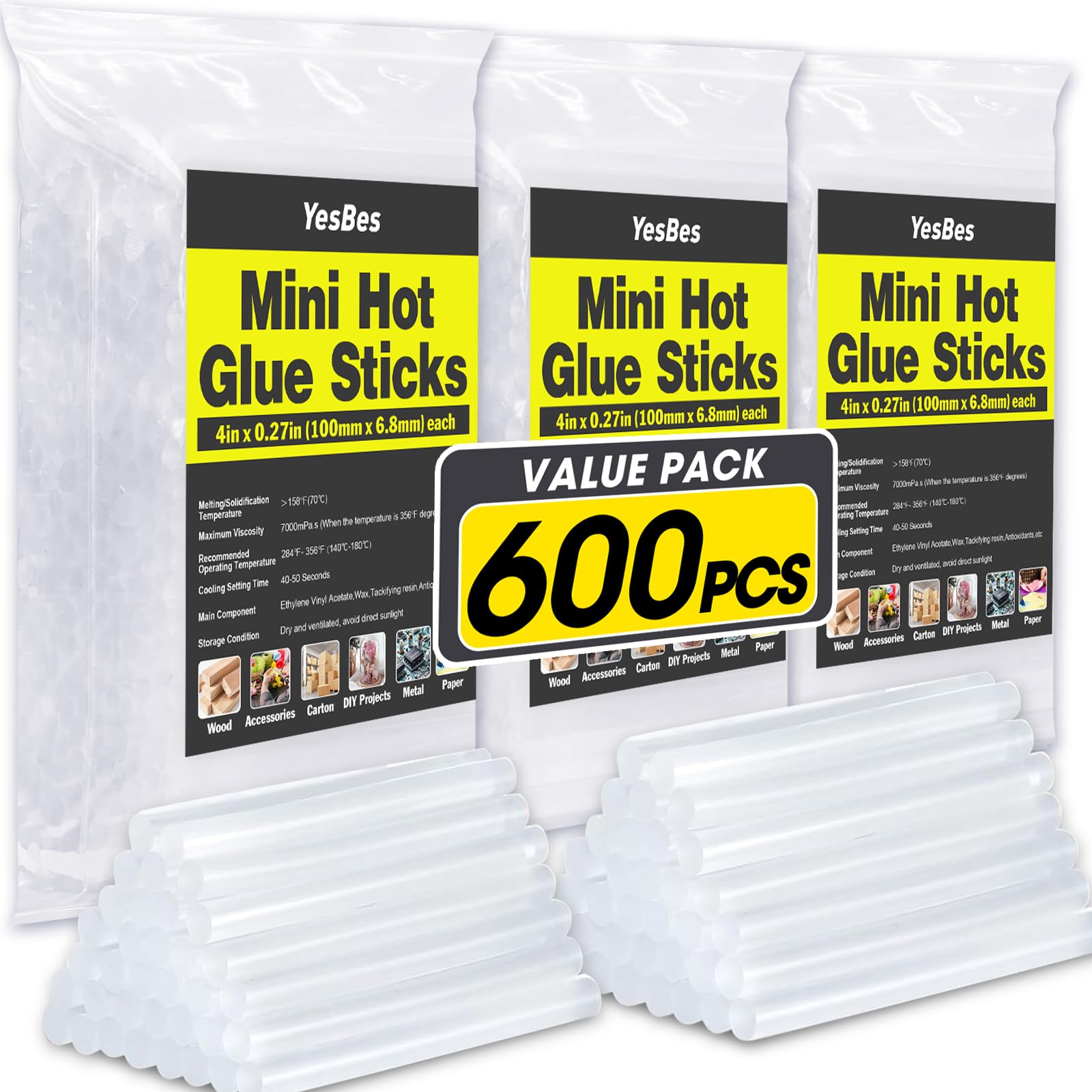 Photo 1 of 600 Pack Mini Hot Glue Sticks, 4" Long x 0.27" Diameter Glue Sticks for Mini Glue Guns, Multipurpose for Wood, Metal, Glass, Plastic, Floral, Fabric, Leather, Foam, Floral