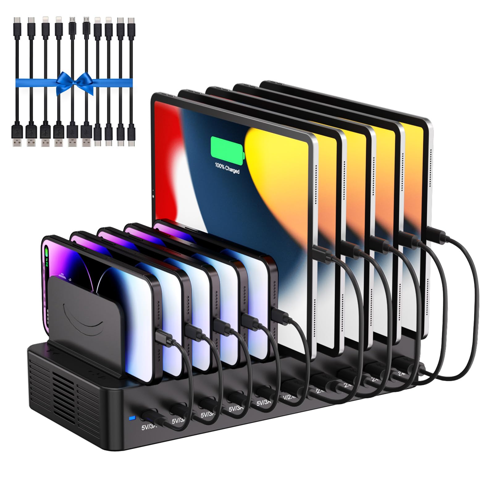 Photo 1 of 100W Charging Station for Multiple Devices, 10-Port USB Fast Charging Station with Adjustable Dividers & 10 Cables- Multi Device Organizer Charging Dock for iPhone, iPad, Tablets & More
