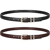 TRIWORKS 2 Pack Women Skinny Leather Belts for Jeans Pants Thin Faux Leather Belt with Gold Buckle