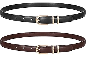 TRIWORKS 2 Pack Women Skinny Leather Belts for Jeans Pants Thin Faux Leather Belt with Gold Buckle