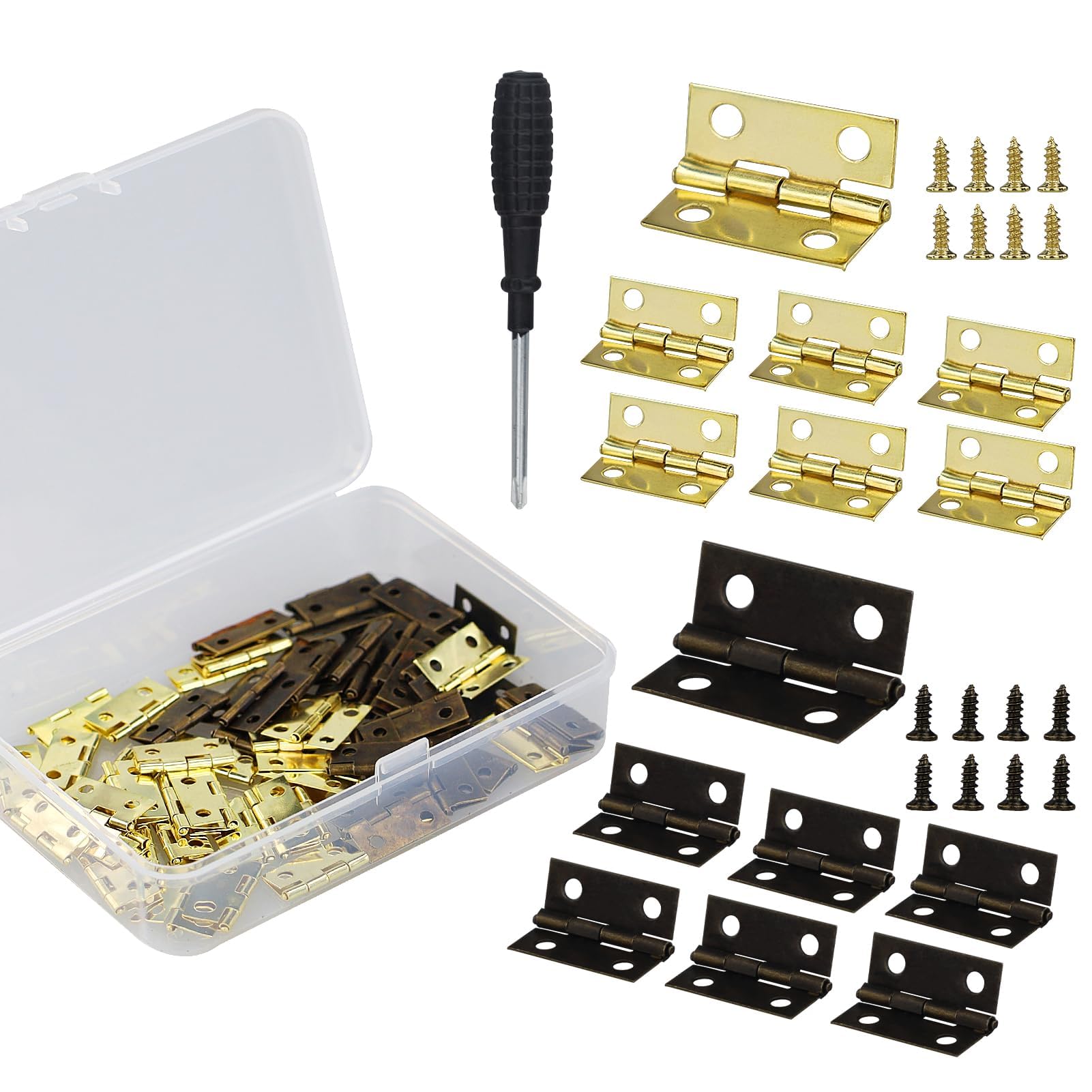 60 Pcs Antique Mini Hinges 15 * 18 mm Small Hinges for Dolls House with 240 Screwsfor DIY Crafts Wooden Box Toys Cabinet Drawer,with Screwdriver and Plastic case
