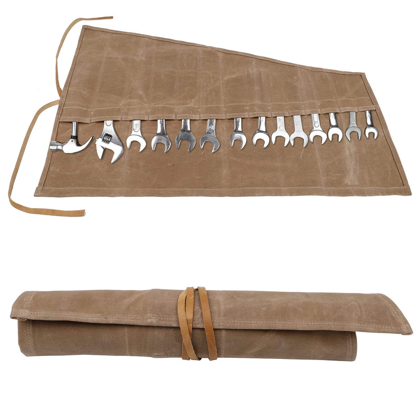 Tool Roll Bag, Waxed Canvas Spanner Chisel Roll, Heavy Duty Small Tool Bags with 14 Pockets, Multi-purpose Tool Wrap Wallet Organiser, Plumbing Hand DIY Tools Gifts for Men Dad, Brown