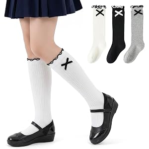 Jeasona 3 Pairs Girls Knee High Socks Ruffle Bow Cotton Socks for School 4-12Y